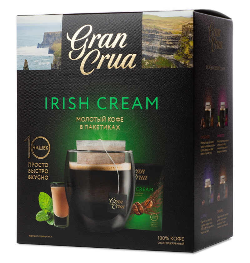 Свежеобжаренный натуральный молотый кофе GranCrua IRISH CREAM в пакетиках 9гр.*10*20